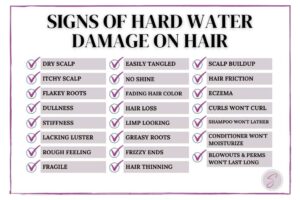 A list of signs of hard water damage on hair with pink checkmarks as bullet points.